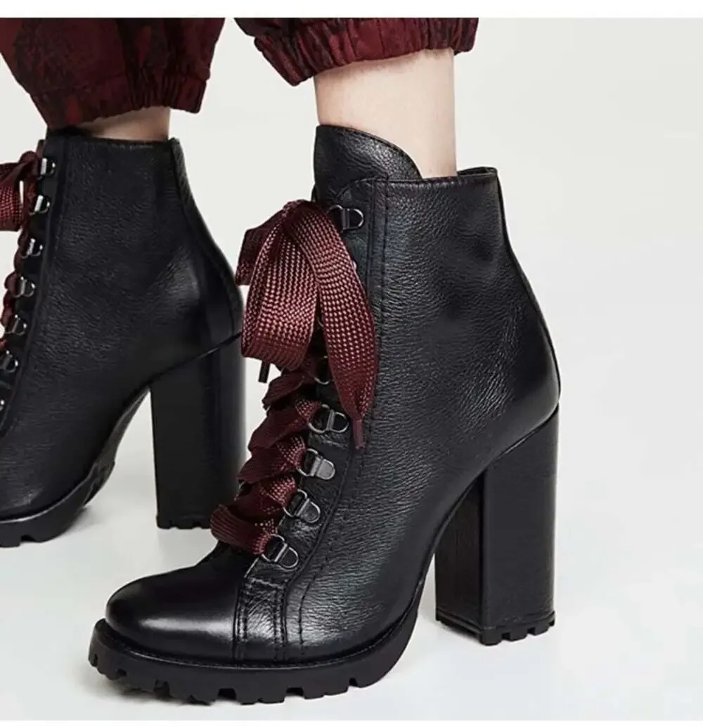 Schutz Zhara Black Leather Lug Sole Lace-Up Block Heel Booties